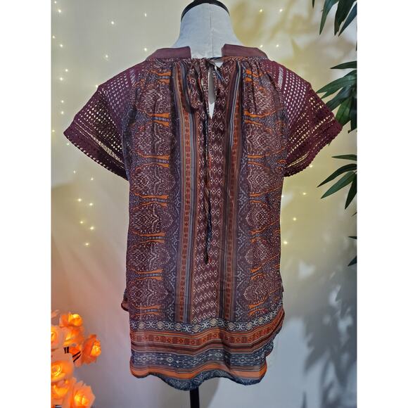 Miss Me Lace Short Sleeve Keyhole Back Tie Boho Semi Sheer Top Womens M Wine - Picture 1 of 8